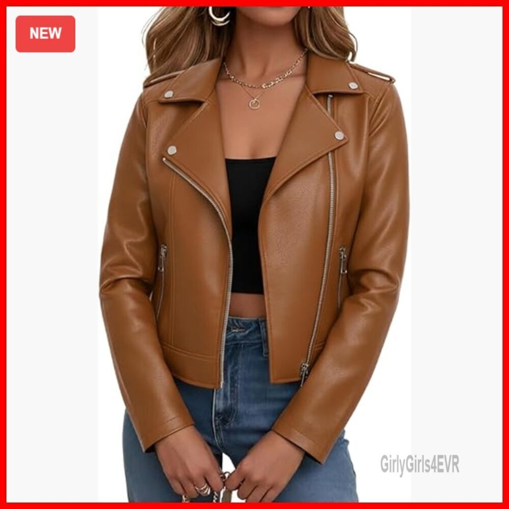 Faux Leather Cropped Moto Jacket, Vintage Biker Style, Zip Up